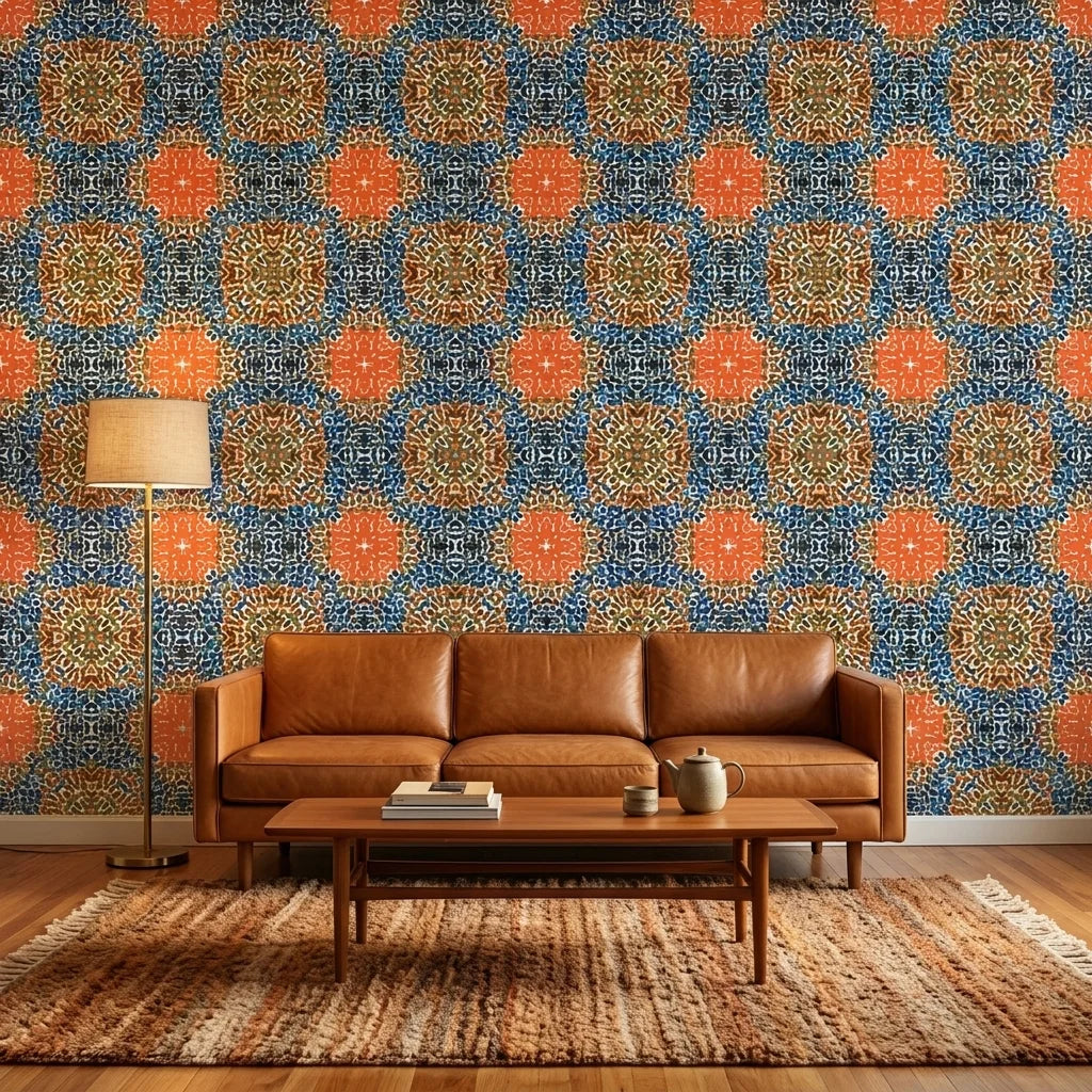 Drift & Scatter abstract blue and orange wallpaper in a warm and inviting living room