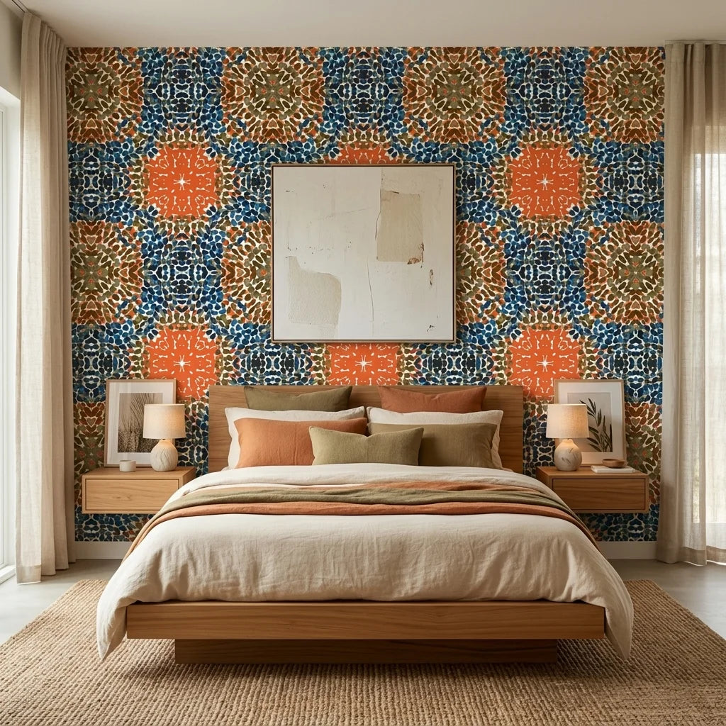Drift & Scatter abstract blue and orange wallpaper adding character to a cozy bedroom