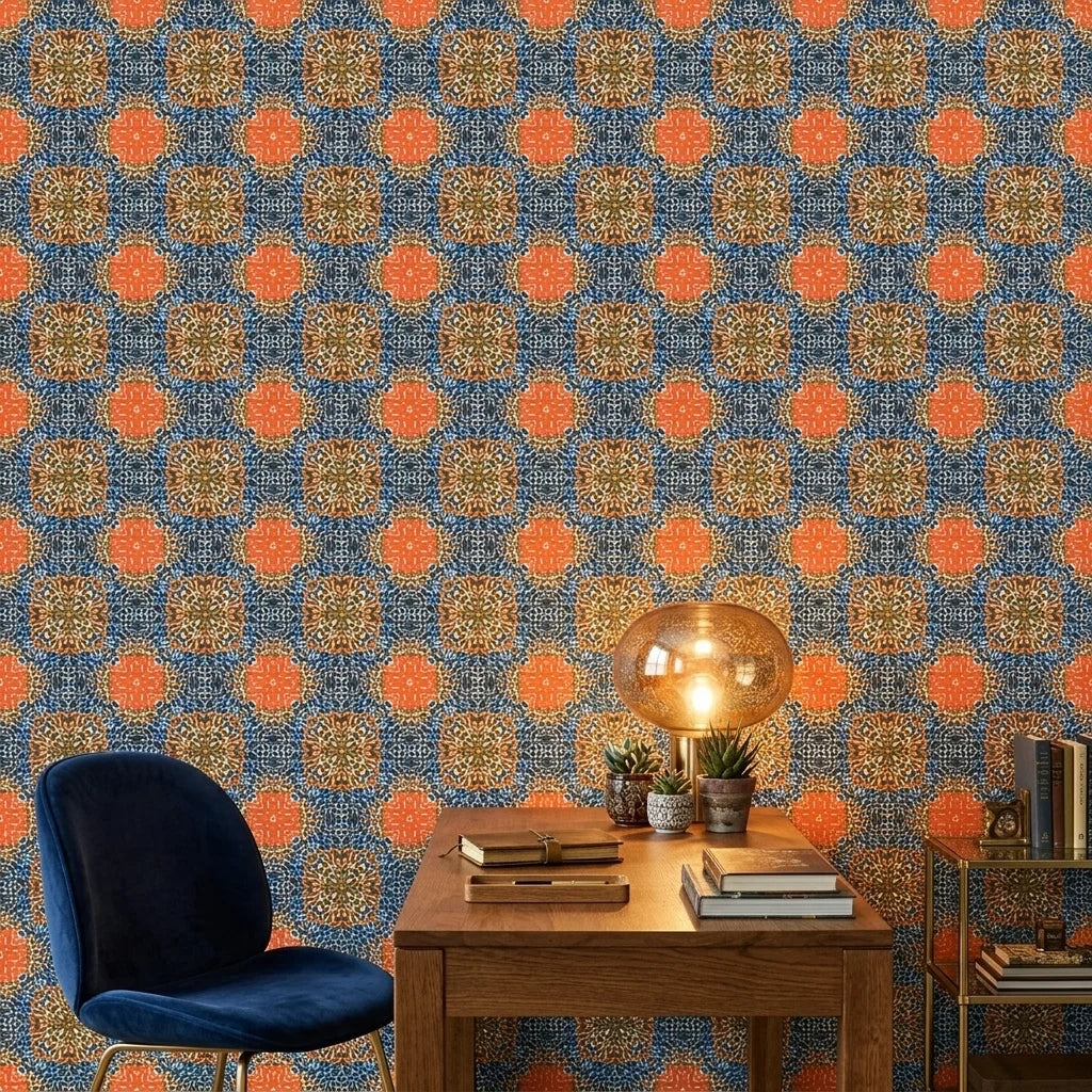 Drift & Scatter abstract blue and orange wallpaper as a feature wall in a bright home office