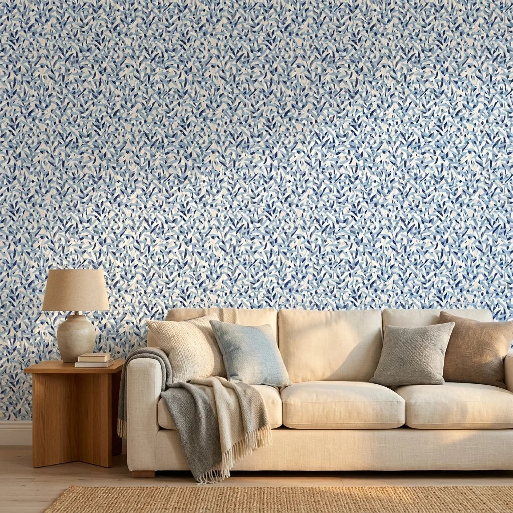 Drifting Petals blue abstract wallpaper in a warm and inviting living room