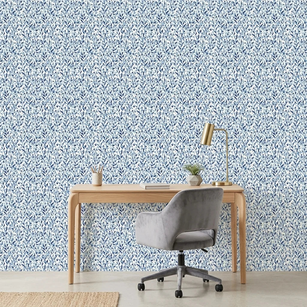 Drifting Petals blue abstract wallpaper as a feature wall in a bright home office