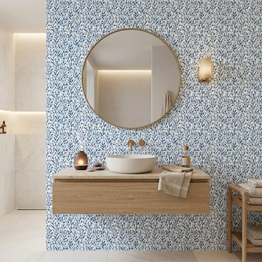 Drifting Petals blue abstract wallpaper creating ambiance in a serene bathroom