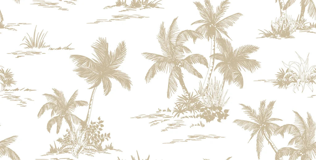 White and beige palm tree sketches on minimalist removable wallpaper