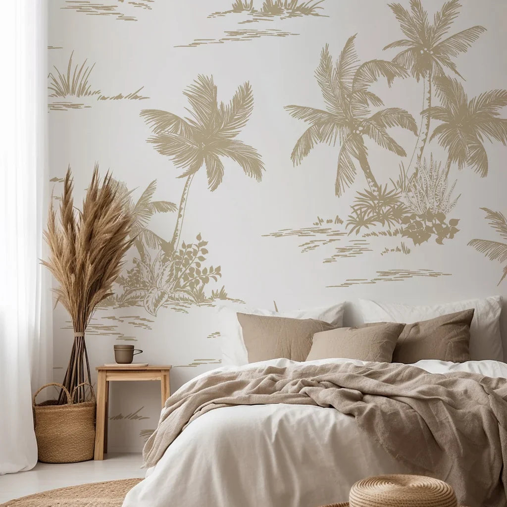Neutral-toned hand-drawn palm trees on a white self-adhesive wallpaper background