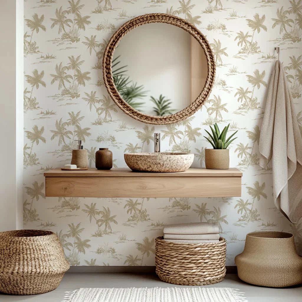 Sketched palm tree pattern in neutral beige and white tones for self-adhesive wallpaper