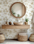 Sketched palm tree pattern in neutral beige and white tones for self-adhesive wallpaper