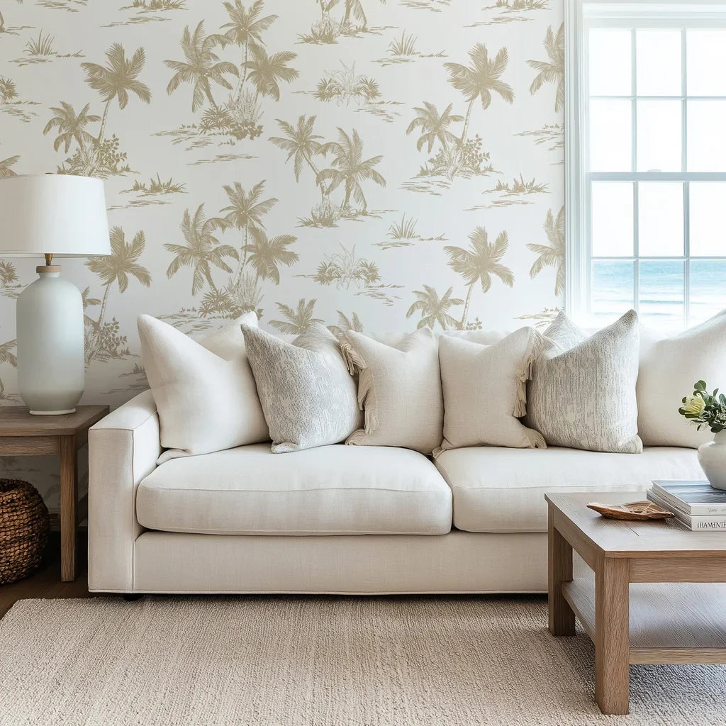 Minimalist beige and white hand-drawn palm tree self-adhesive wallpaper