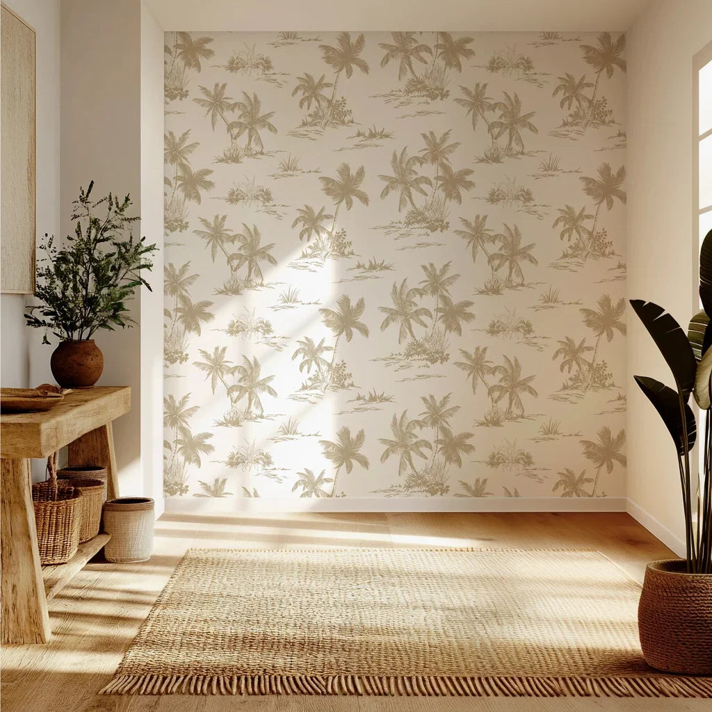 Neutral beige and white palm tree sketch wallpaper with peel and stick application