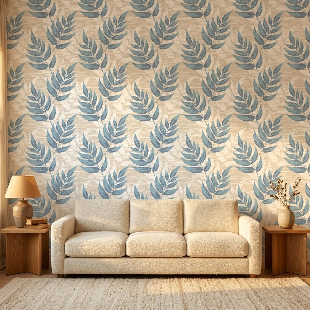 Driftwood Fern blue botanical peel and stick wallpaper in a warm and inviting living room