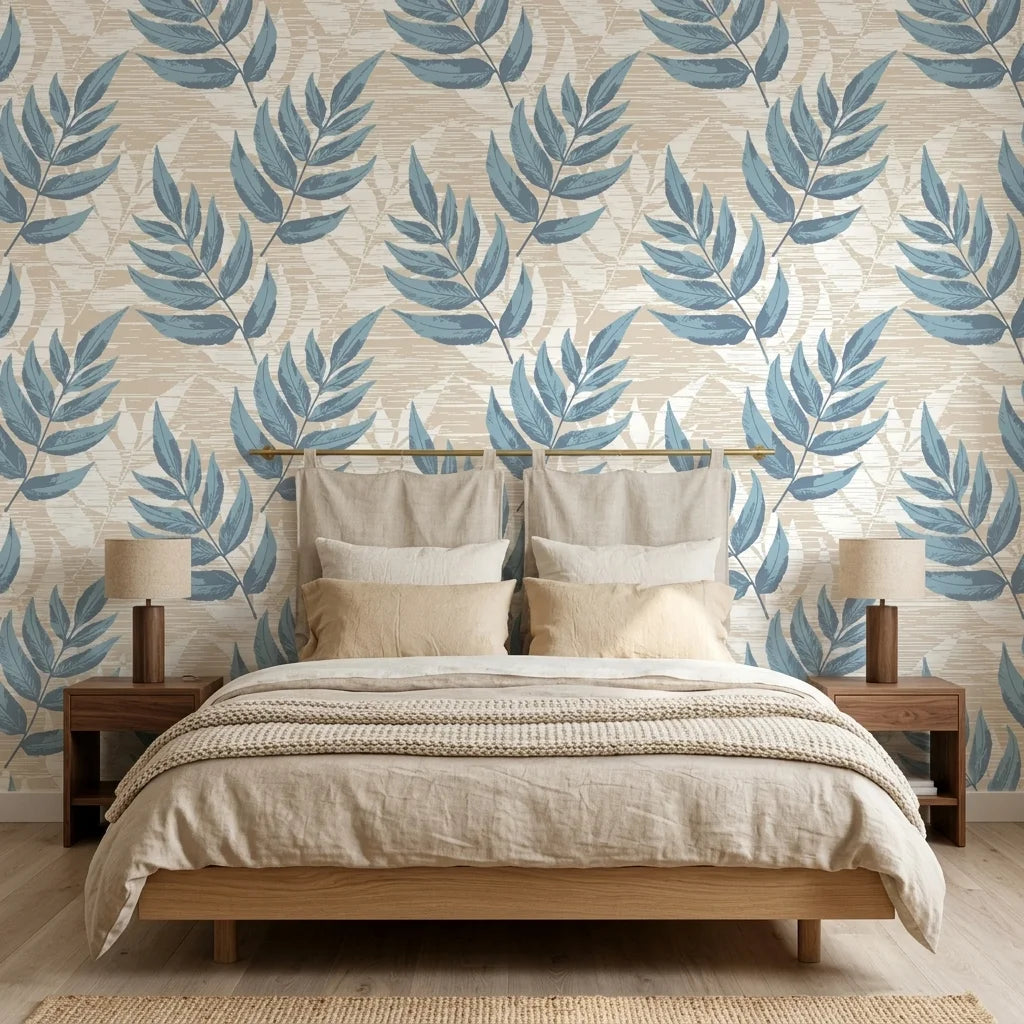 Driftwood Fern blue botanical peel and stick wallpaper adding character to a cozy bedroom