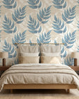 Driftwood Fern blue botanical peel and stick wallpaper adding character to a cozy bedroom