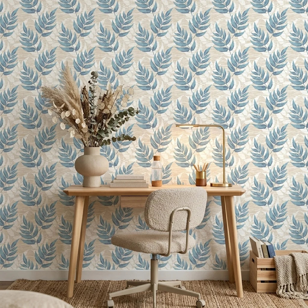 Driftwood Fern blue botanical peel and stick wallpaper as a feature wall in a bright home office