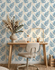Driftwood Fern blue botanical peel and stick wallpaper as a feature wall in a bright home office