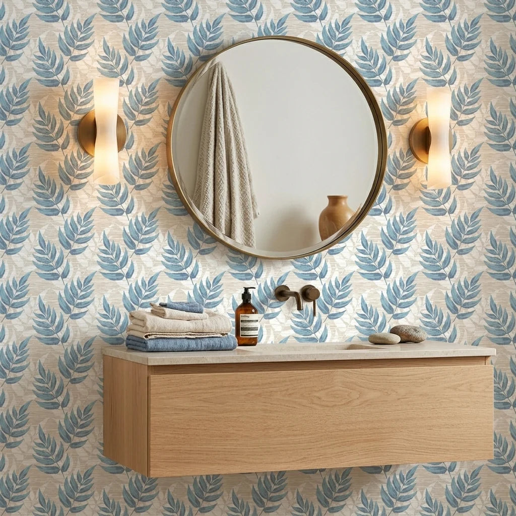 Driftwood Fern blue botanical peel and stick wallpaper creating ambiance in a serene bathroom