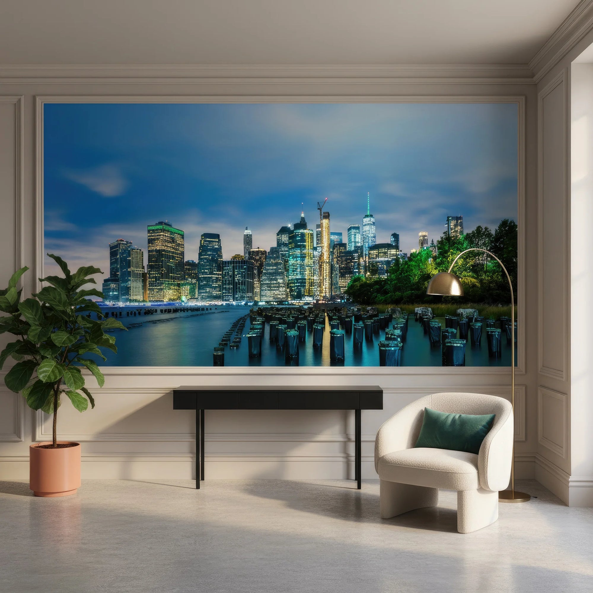 Manhattan skyline twilight mural wallpaper featuring blue waterfront and illuminated buildings in modern living room