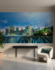 Manhattan skyline twilight mural wallpaper featuring blue waterfront and illuminated buildings in modern living room