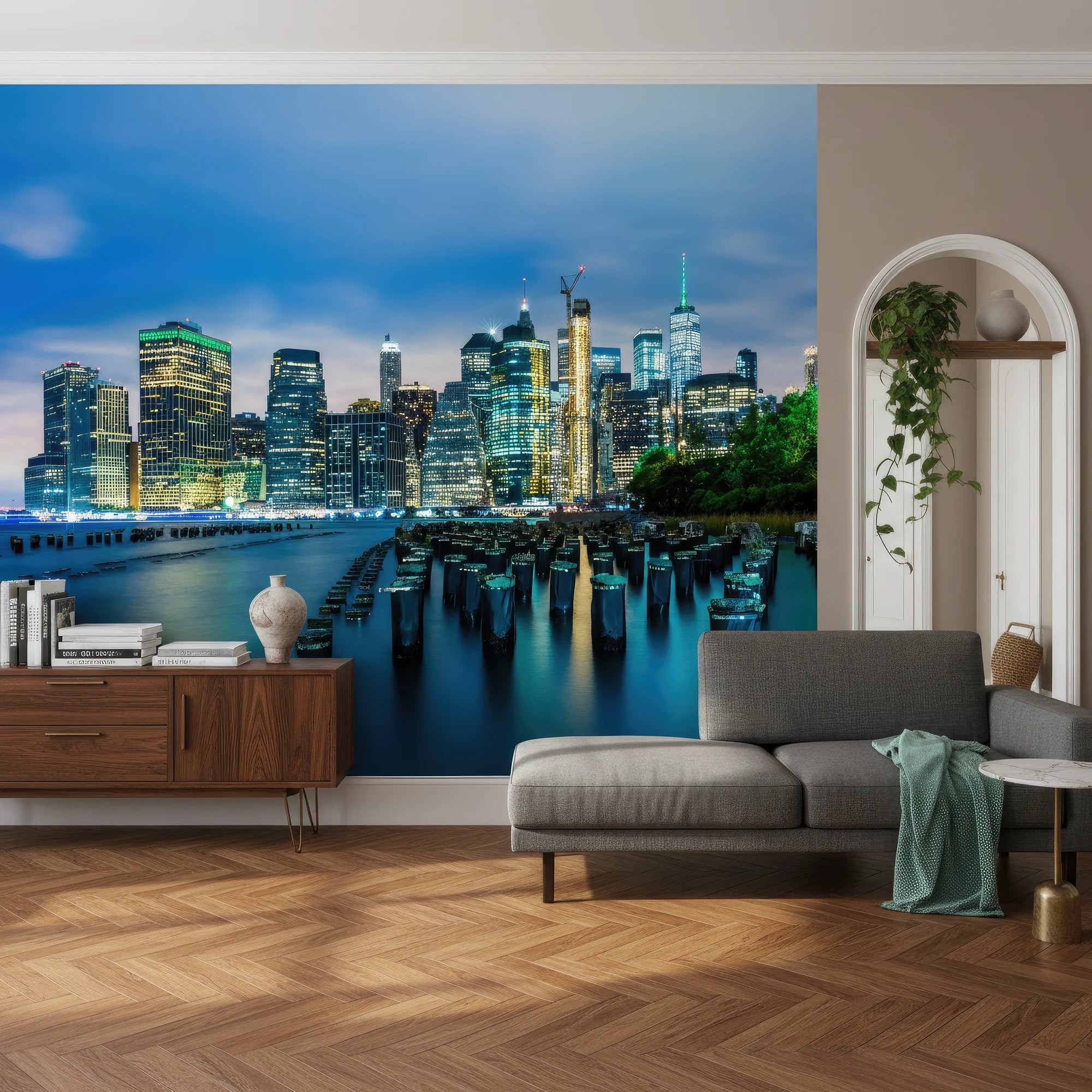 Manhattan skyline Driftwood & Dreams wallpaper mural with illuminated buildings reflected in blue harbor waters