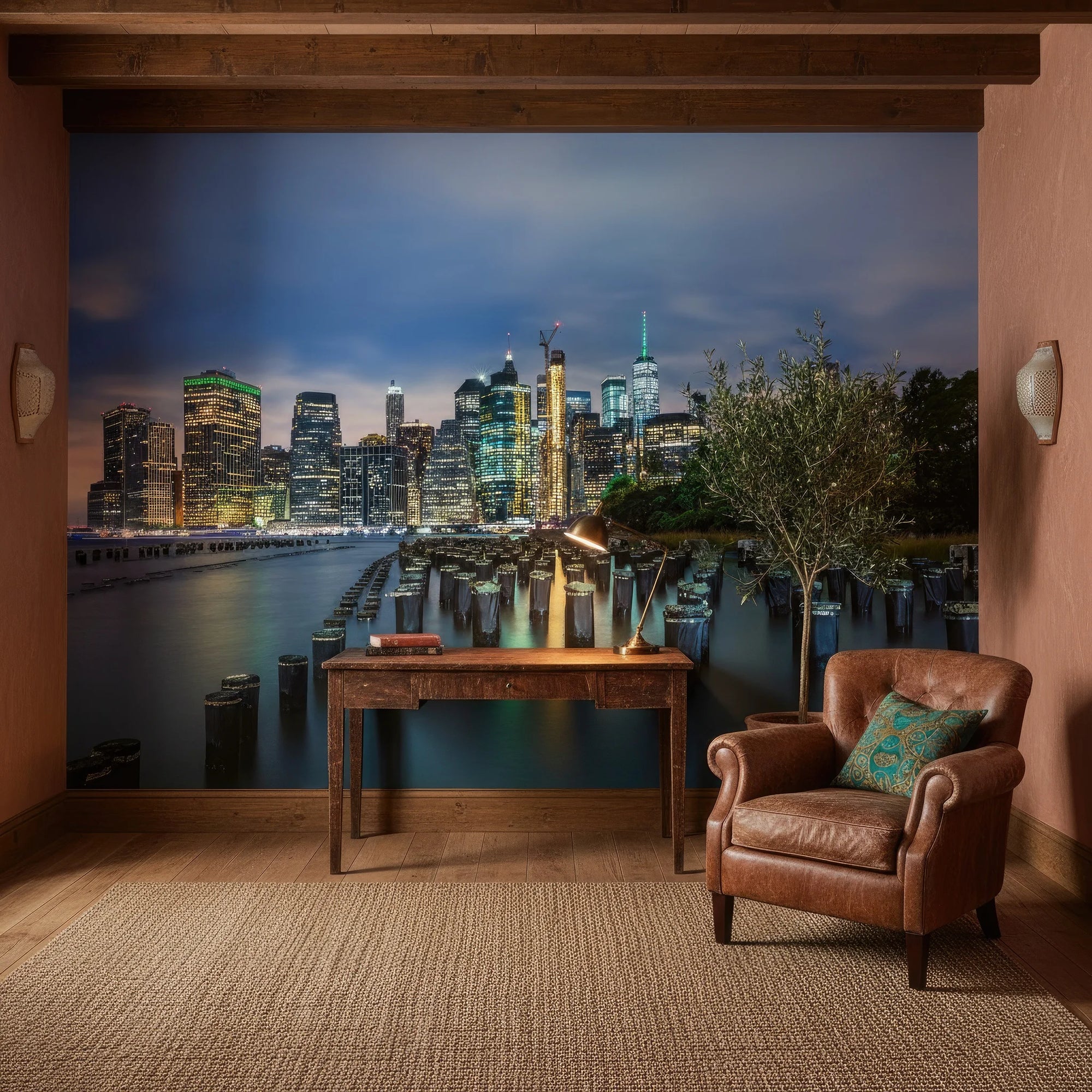 Driftwood & Dreams cityscape wallpaper mural featuring illuminated Manhattan skyline at twilight in rustic living room