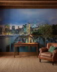 Driftwood & Dreams cityscape wallpaper mural featuring illuminated Manhattan skyline at twilight in rustic living room