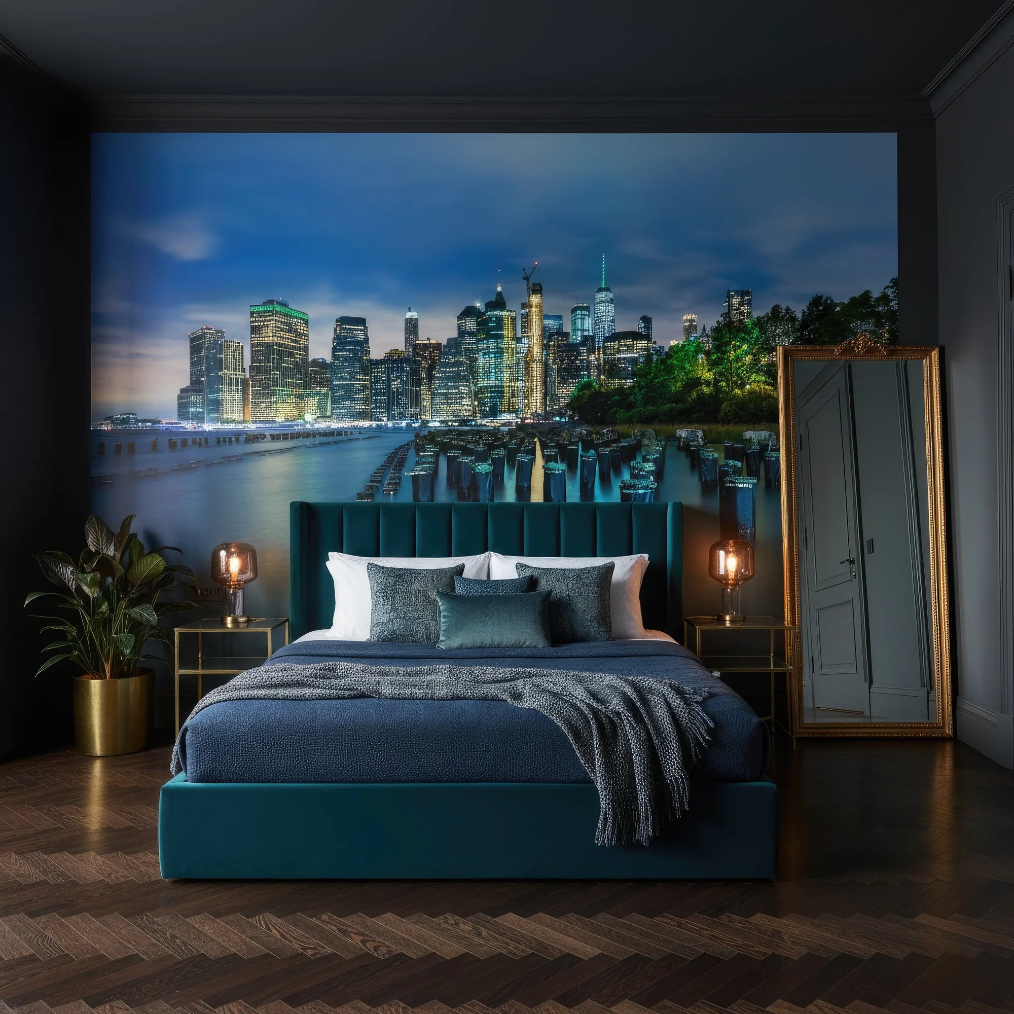 Manhattan skyline twilight mural wallpaper featuring Driftwood & Dreams pattern in teal bedroom setting