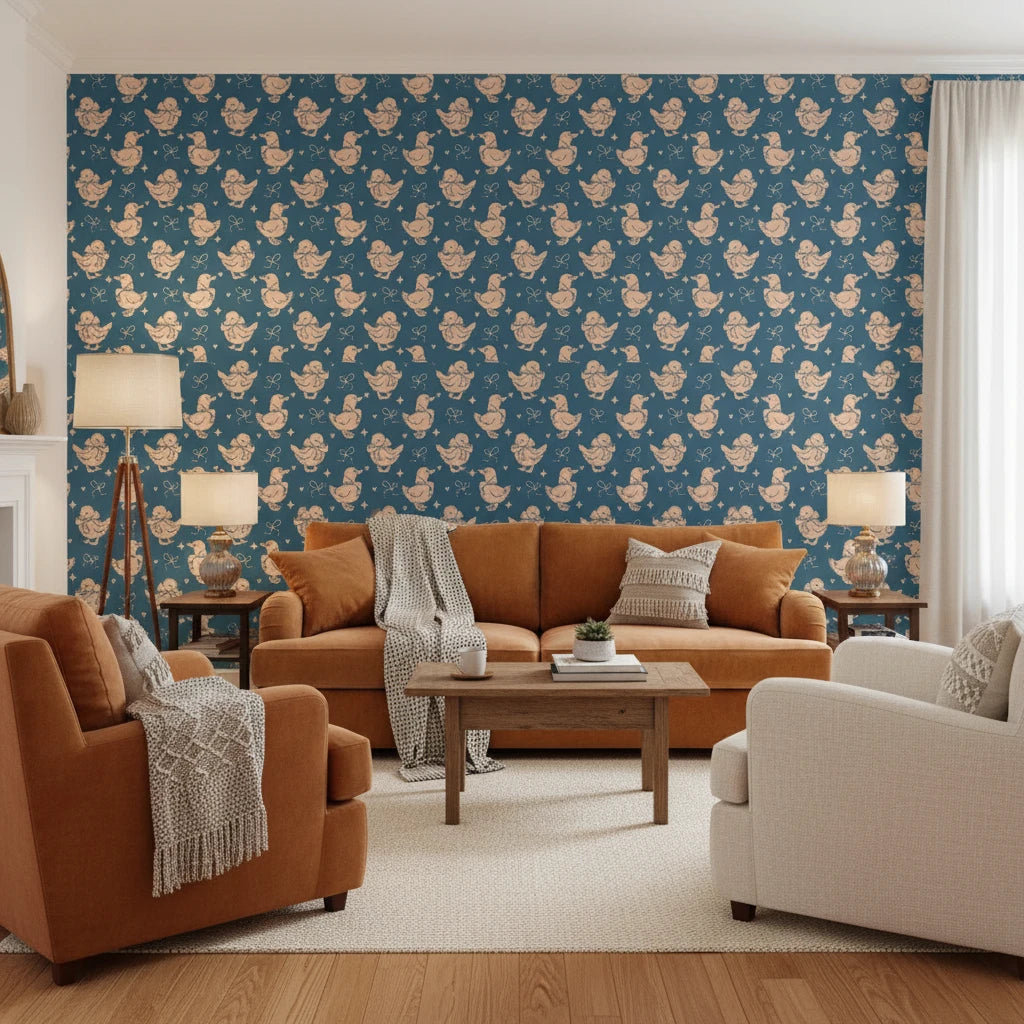 Duckling Waltz whimsical blue nursery wallpaper in a warm and inviting living room