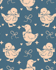Smooth peel and stick wallpaper with blush ducklings and bows - Duckling Waltz