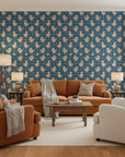 Duckling Waltz whimsical blue nursery wallpaper in a warm and inviting living room