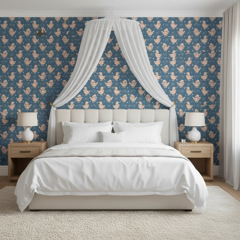 Duckling Waltz whimsical blue nursery wallpaper adding character to a cozy bedroom