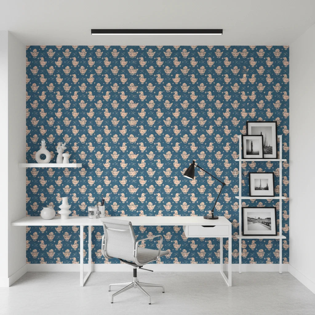 Duckling Waltz whimsical blue nursery wallpaper as a feature wall in a bright home office