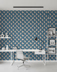 Duckling Waltz whimsical blue nursery wallpaper as a feature wall in a bright home office