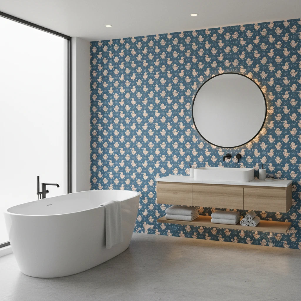 Duckling Waltz whimsical blue nursery wallpaper creating ambiance in a serene bathroom