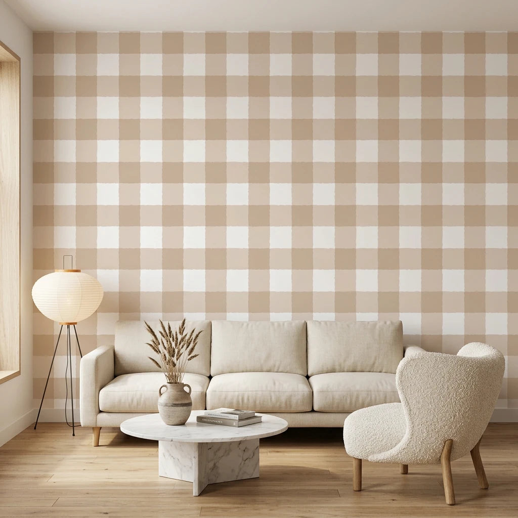 Dune Plaid warm beige gingham check wallpaper in a warm and inviting living room