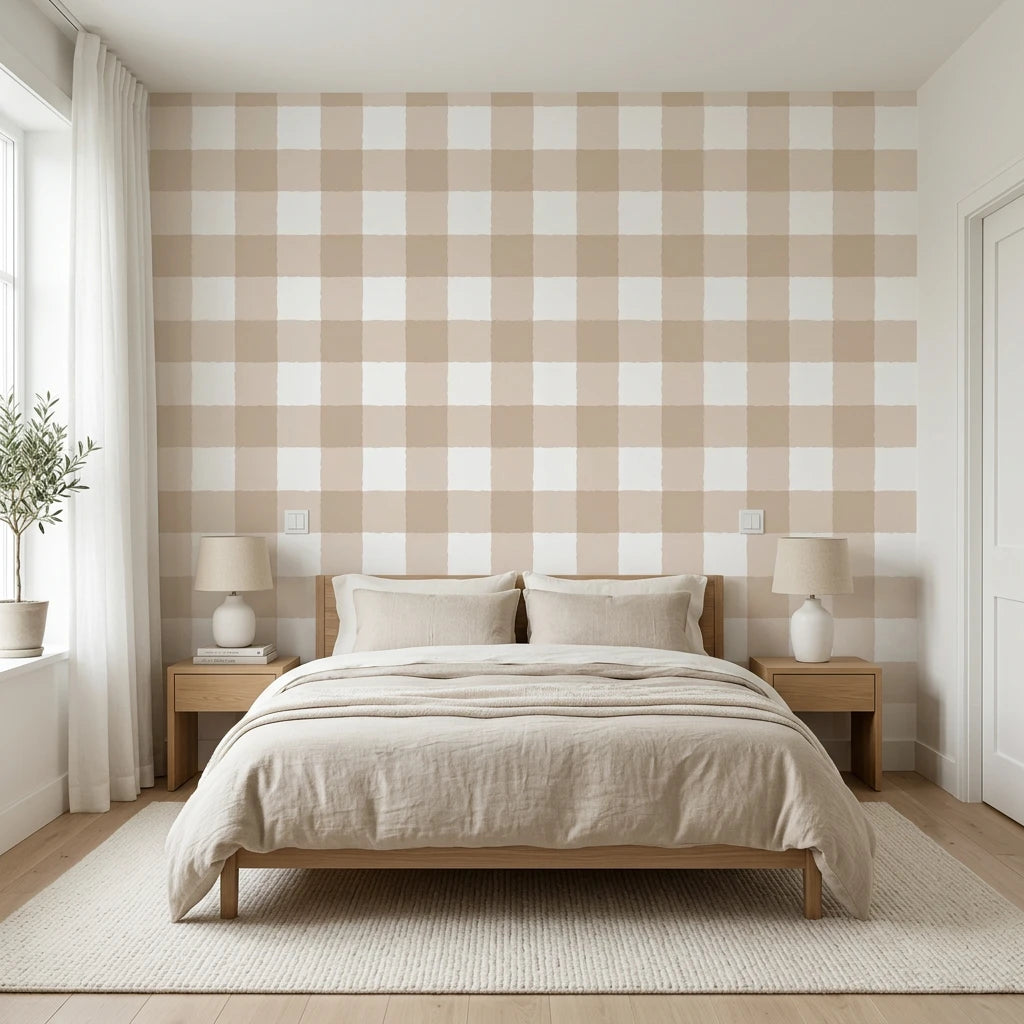 Dune Plaid warm beige gingham check wallpaper adding character to a cozy bedroom
