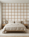 Dune Plaid warm beige gingham check wallpaper adding character to a cozy bedroom
