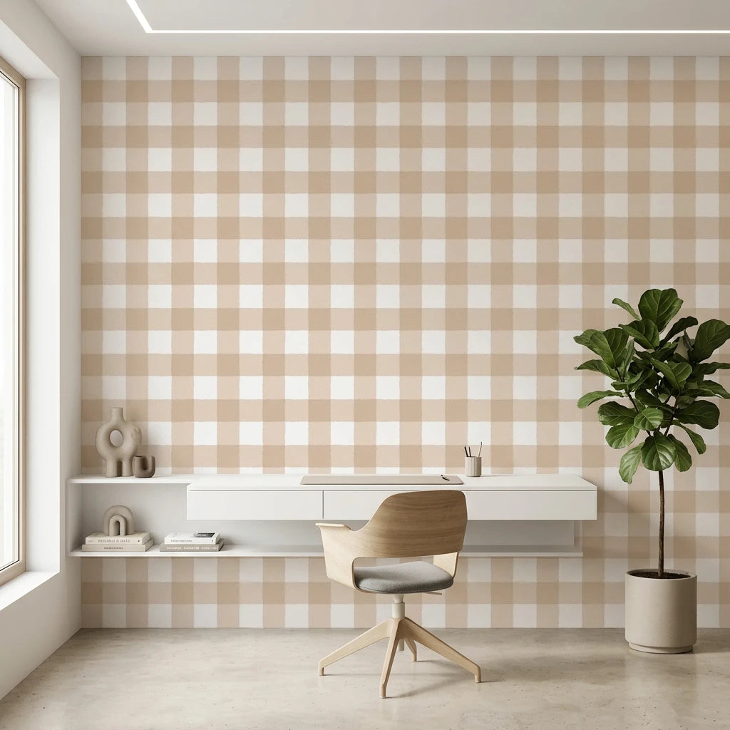 Dune Plaid warm beige gingham check wallpaper as a feature wall in a bright home office