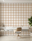 Dune Plaid warm beige gingham check wallpaper as a feature wall in a bright home office