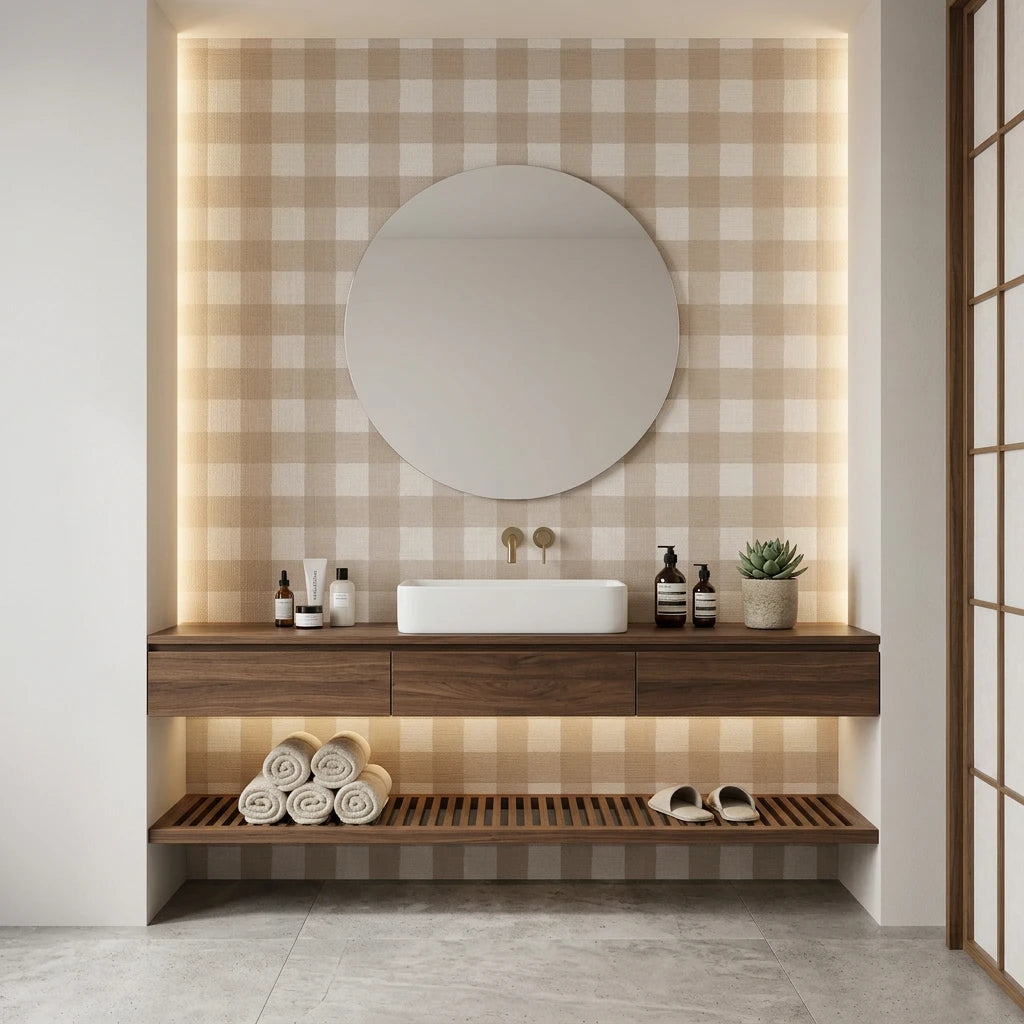 Dune Plaid warm beige gingham check wallpaper creating ambiance in a serene bathroom