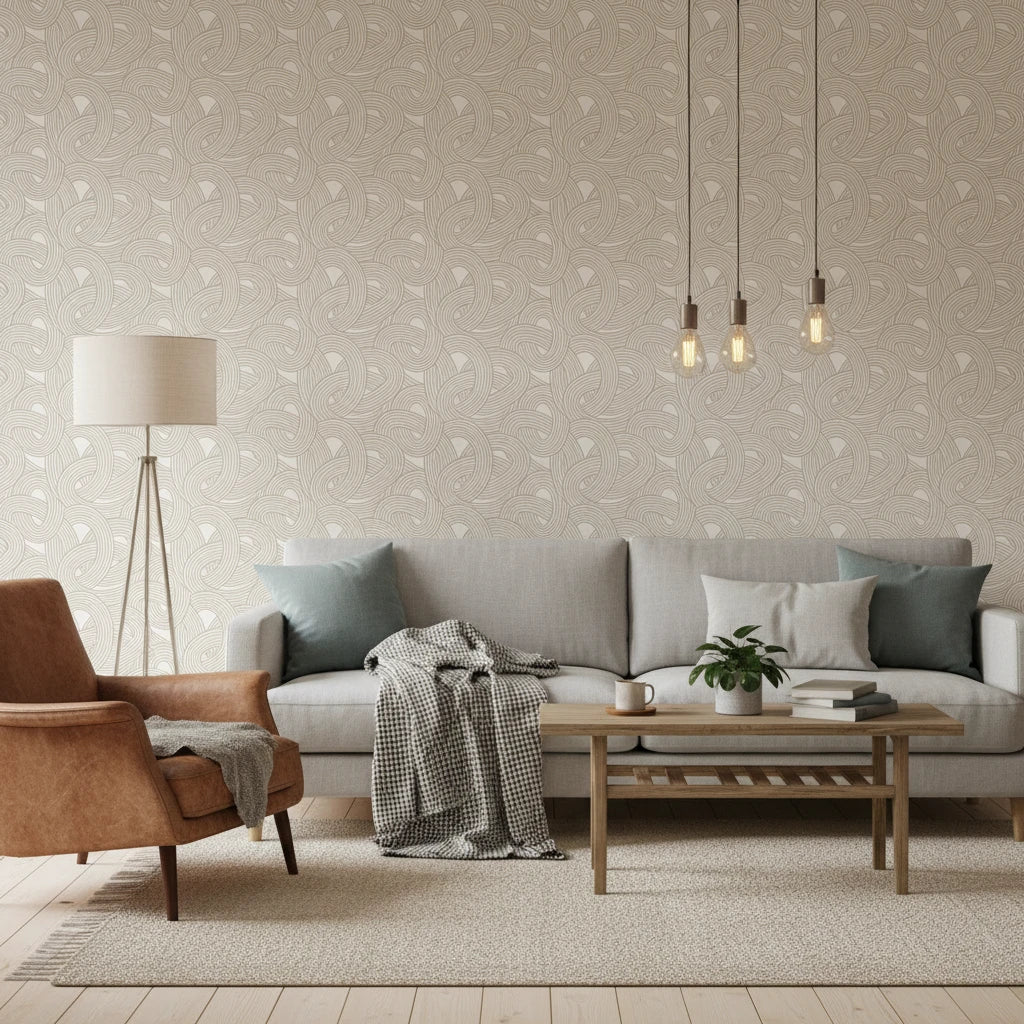 Dune Ribbon sandstone swirling line wallpaper in a warm and inviting living room