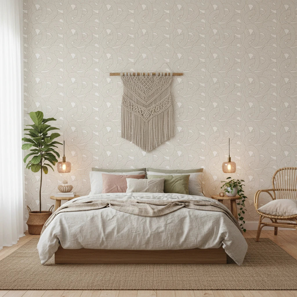 Dune Ribbon sandstone swirling line wallpaper adding character to a cozy bedroom