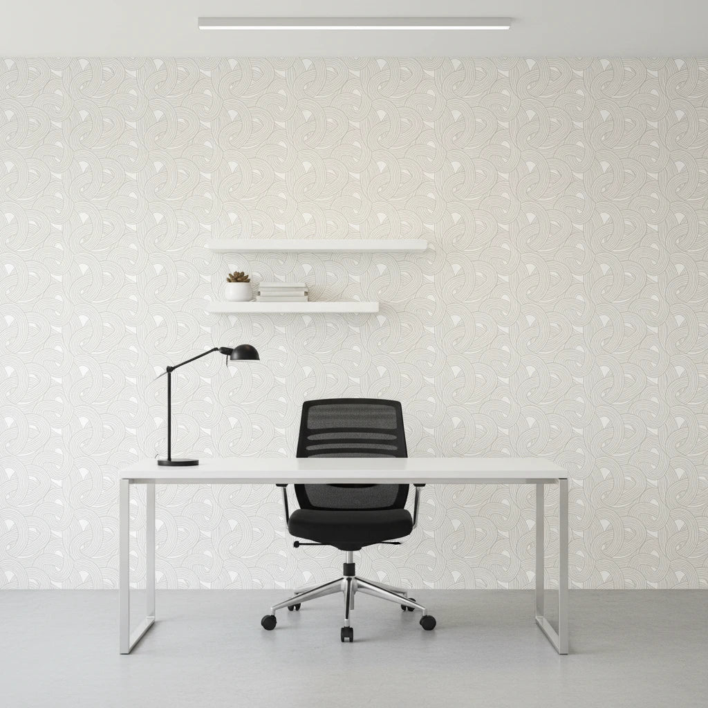 Dune Ribbon sandstone swirling line wallpaper as a feature wall in a bright home office