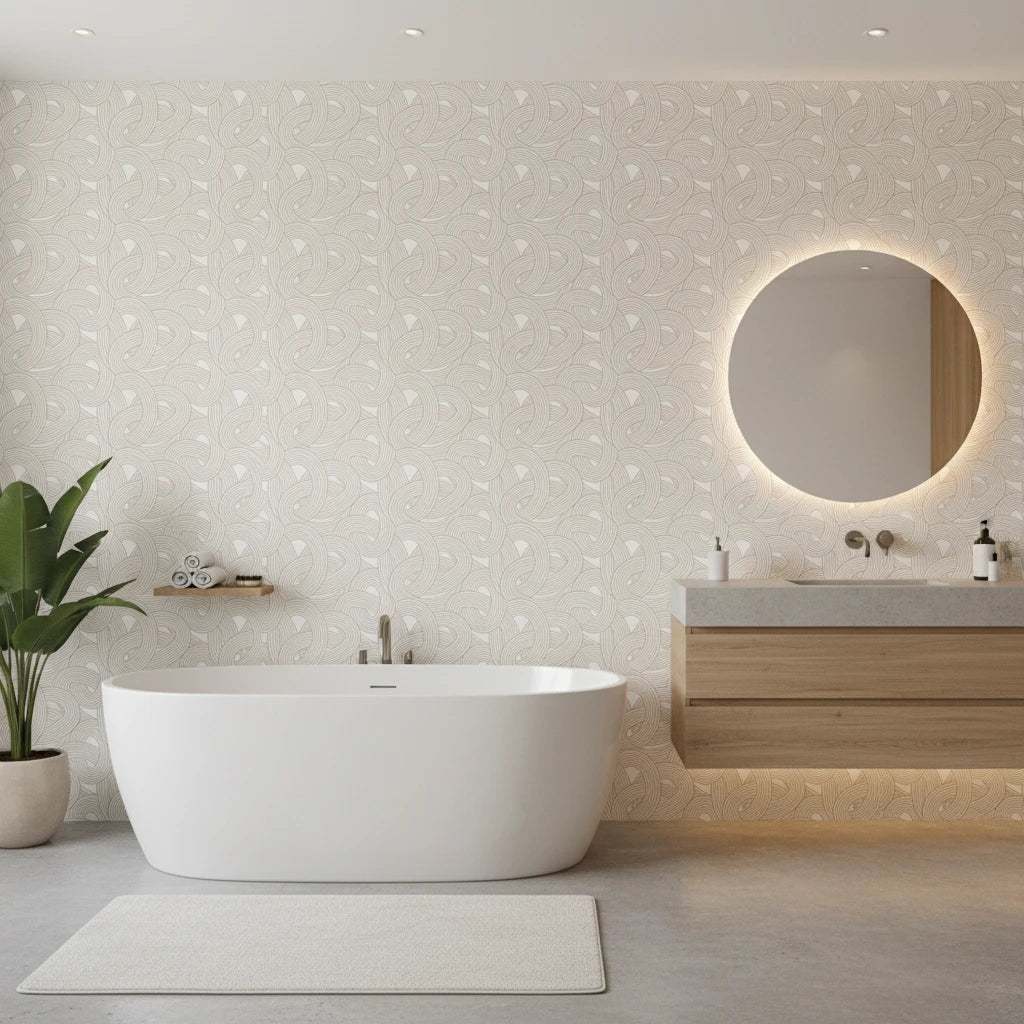 Dune Ribbon sandstone swirling line wallpaper creating ambiance in a serene bathroom