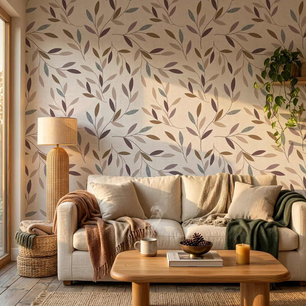 Linen-like neutral tone botanical leaf peel and stick wallpaper - Dusk Canopy