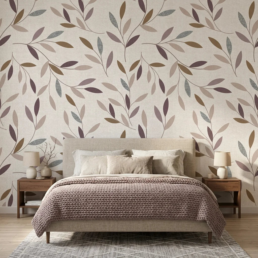 Dusk Canopy neutral botanical peel and stick wallpaper in a warm and inviting living room