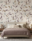 Dusk Canopy neutral botanical peel and stick wallpaper in a warm and inviting living room