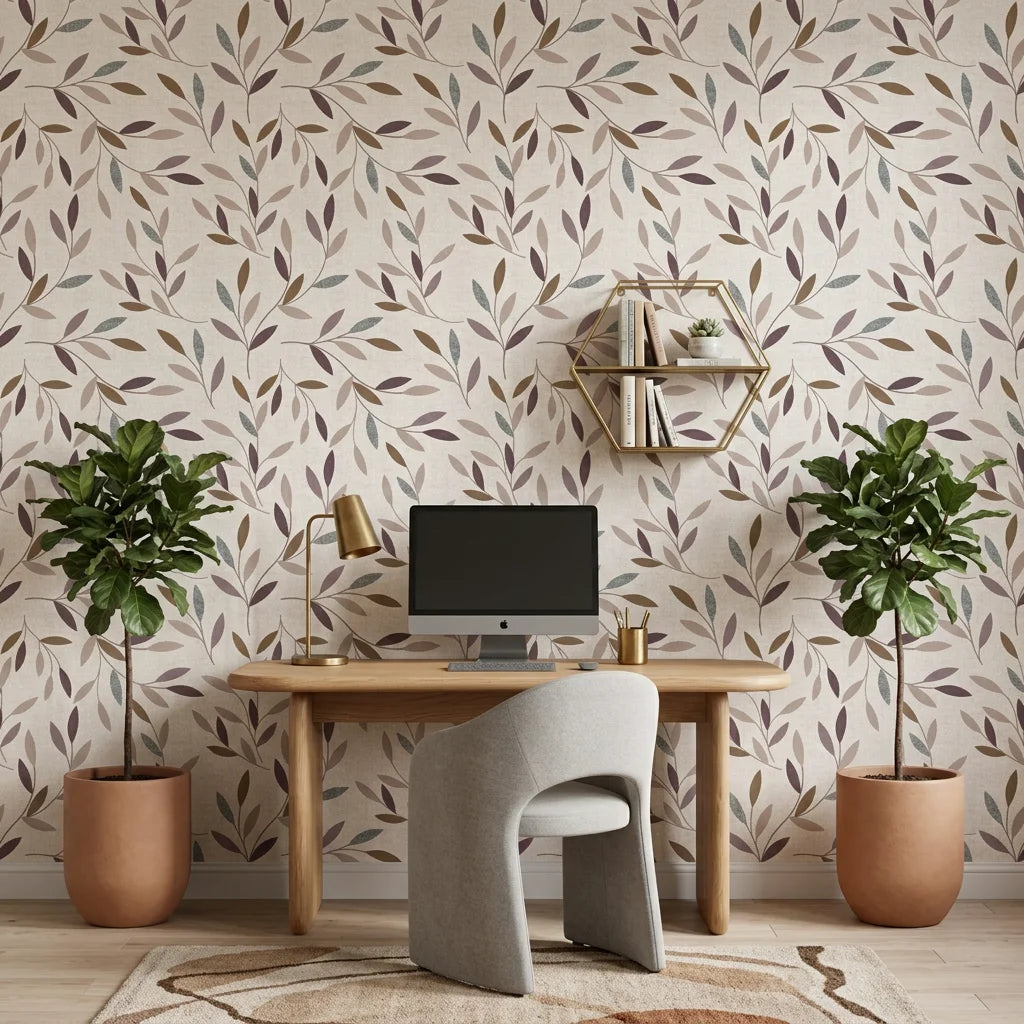 Dusk Canopy neutral botanical peel and stick wallpaper adding character to a cozy bedroom