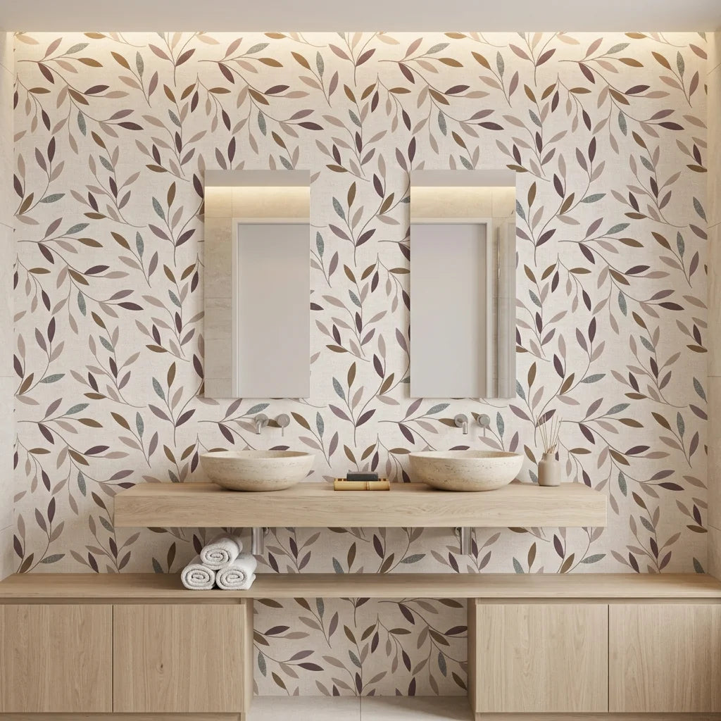 Dusk Canopy neutral botanical peel and stick wallpaper as a feature wall in a bright home office