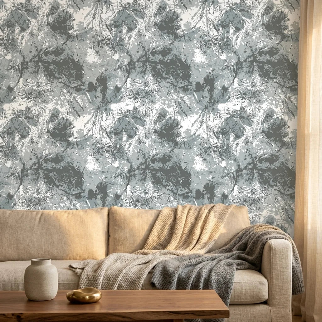 Dusk Foliage serene grey botanical wallpaper in a warm and inviting living room