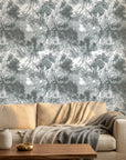 Dusk Foliage serene grey botanical wallpaper in a warm and inviting living room