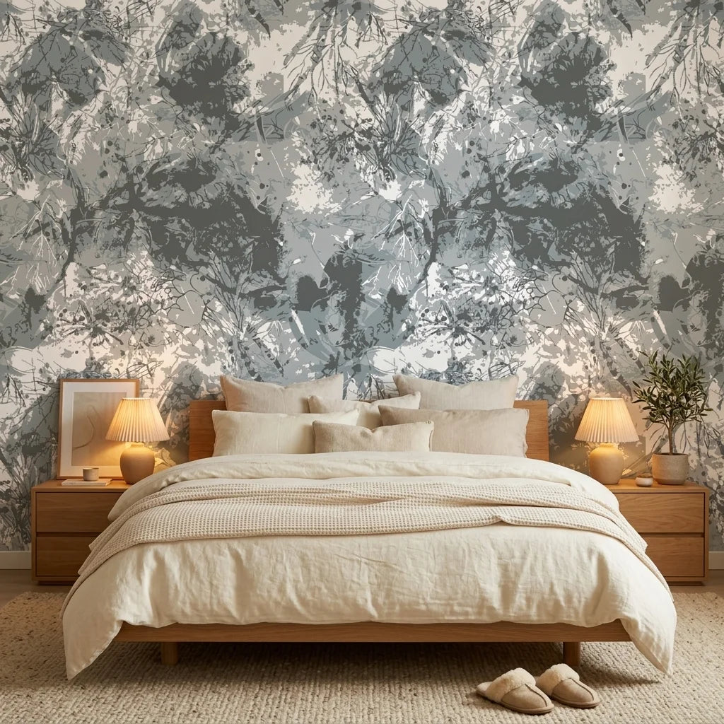 Dusk Foliage serene grey botanical wallpaper adding character to a cozy bedroom