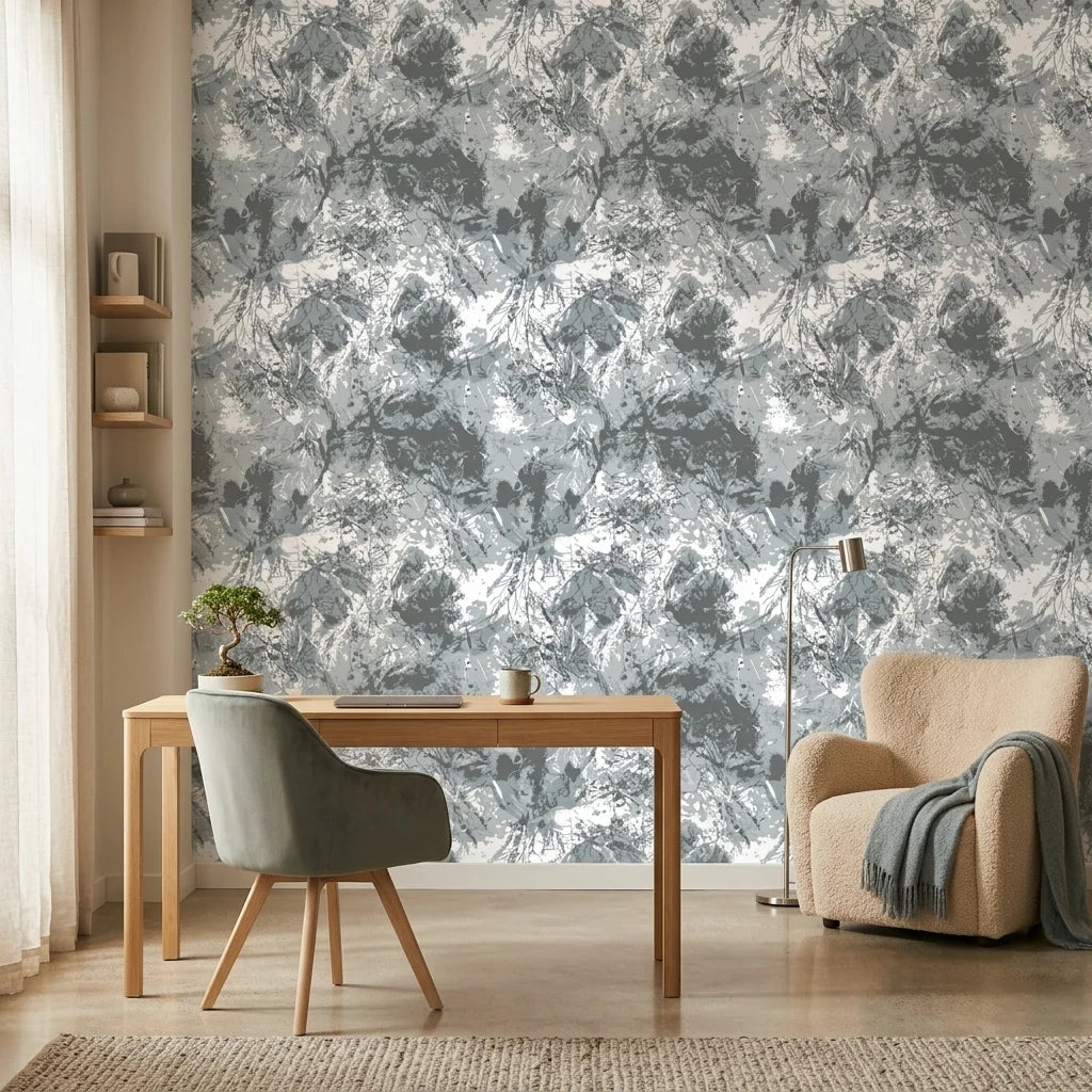 Dusk Foliage serene grey botanical wallpaper as a feature wall in a bright home office